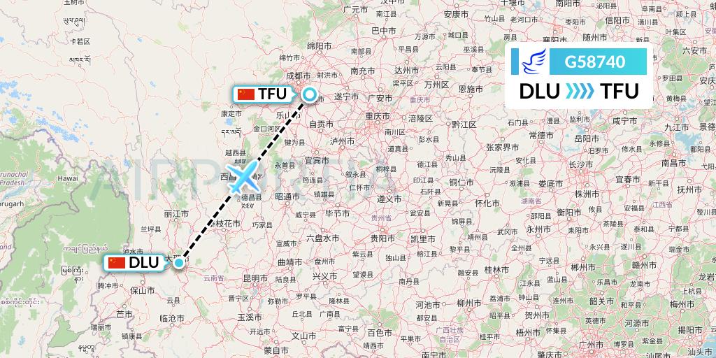 G58740 China Express Airlines Flight Map: Dali to Chengdu