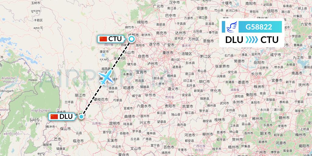 G58822 China Express Airlines Flight Map: Dali to Chengdu