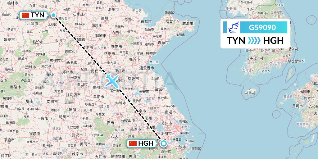 G59090 China Express Airlines Flight Map: Taiyuan to Hangzhou