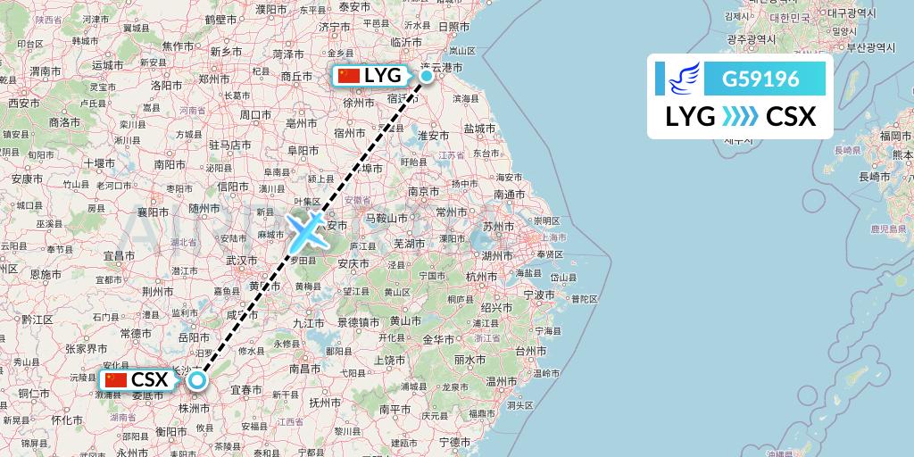 G59196 China Express Airlines Flight Map: Lianyungang to Changsha