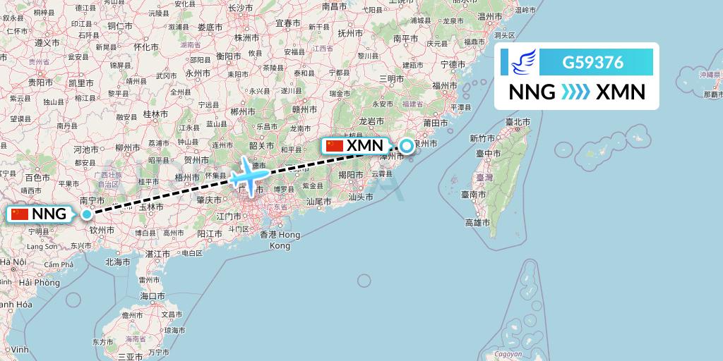 G59376 China Express Airlines Flight Map: Nanning to Xiamen