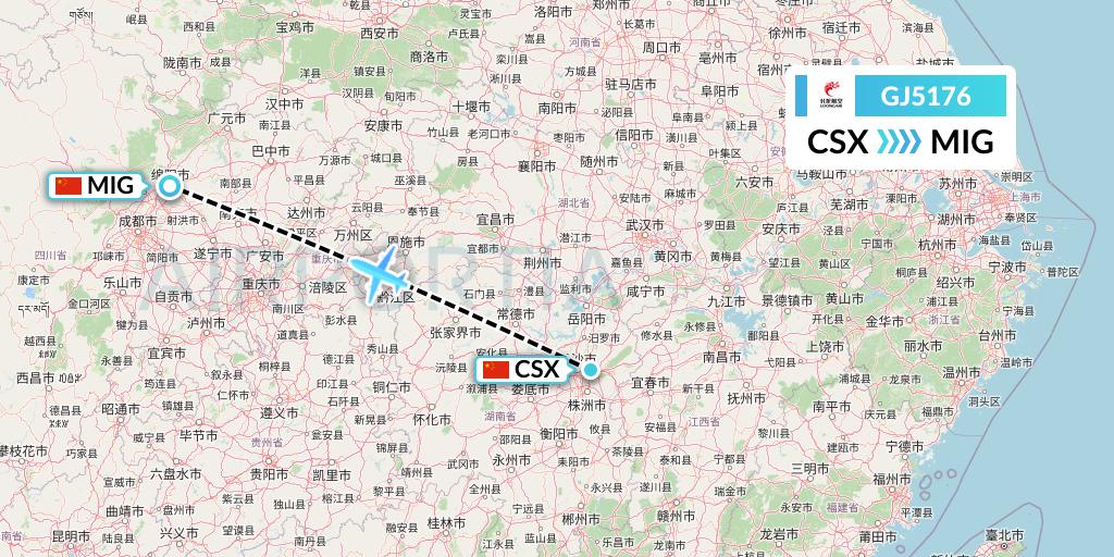 GJ5176 Loong Airlines Flight Map: Changsha to Mianyang