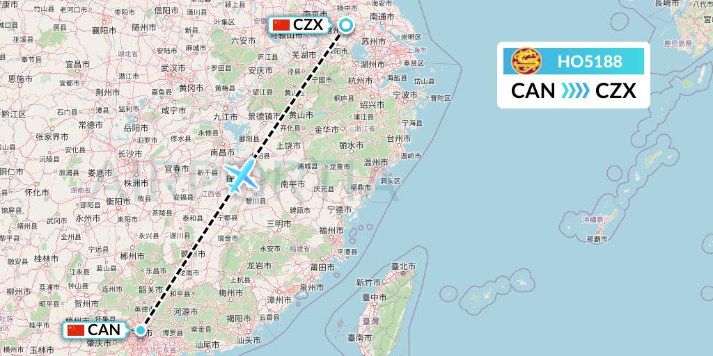 HO5188 Juneyao Airlines Flight Map: Guangzhou to Changzhou