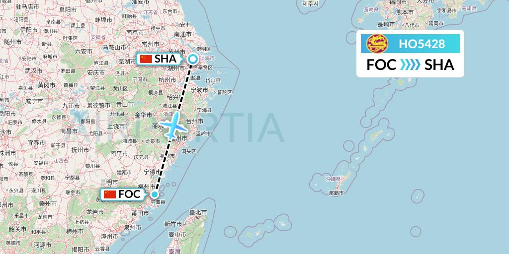 HO5428 Juneyao Airlines Flight Map: Fuzhou to Shanghai