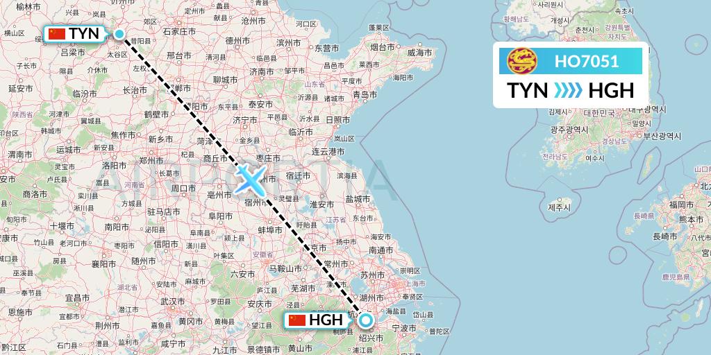 HO7051 Juneyao Airlines Flight Map: Taiyuan to Hangzhou
