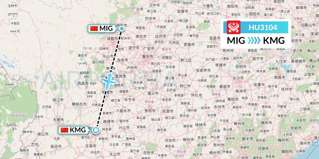 HU3104 Hainan Airlines Flight Map: Mianyang to Kunming