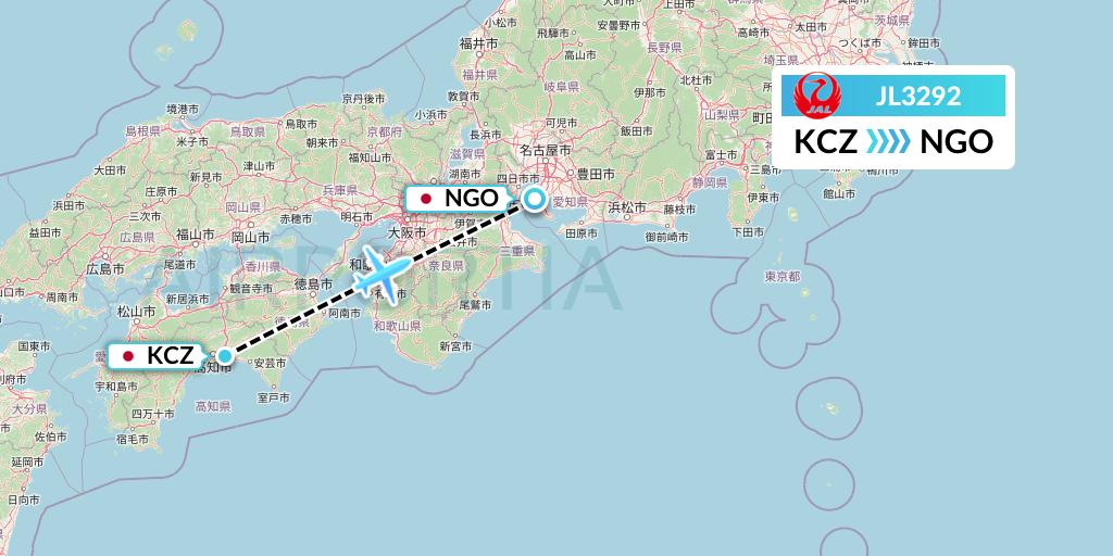 JL3292 Japan Airlines Flight Map: Nankoku to Nagoya
