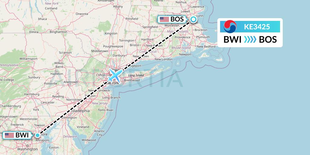 KE3425 Korean Air Flight Map: Baltimore to Boston