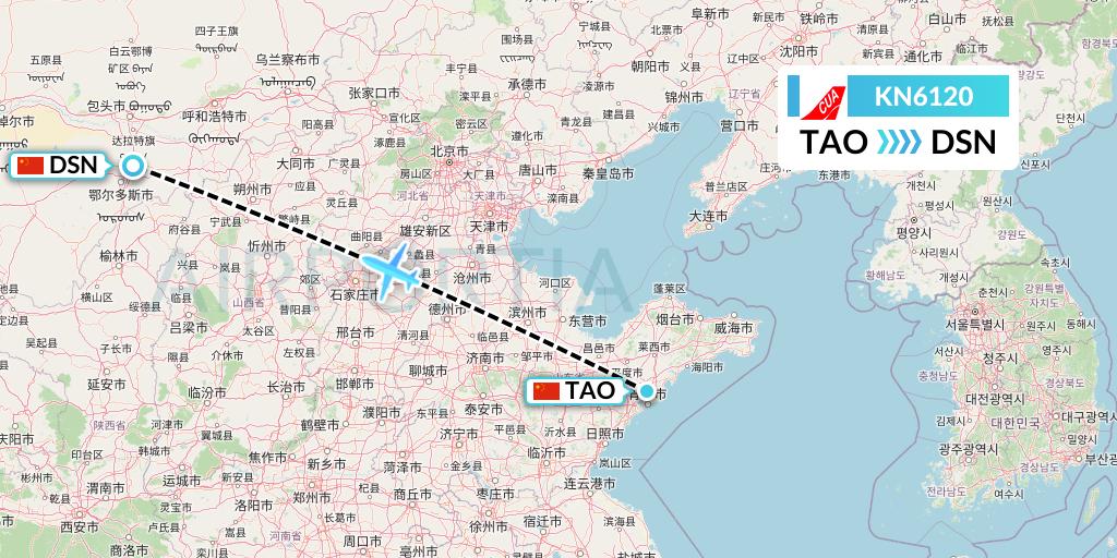 KN6120 China United Airlines Flight Map: Qingdao to Dongsheng