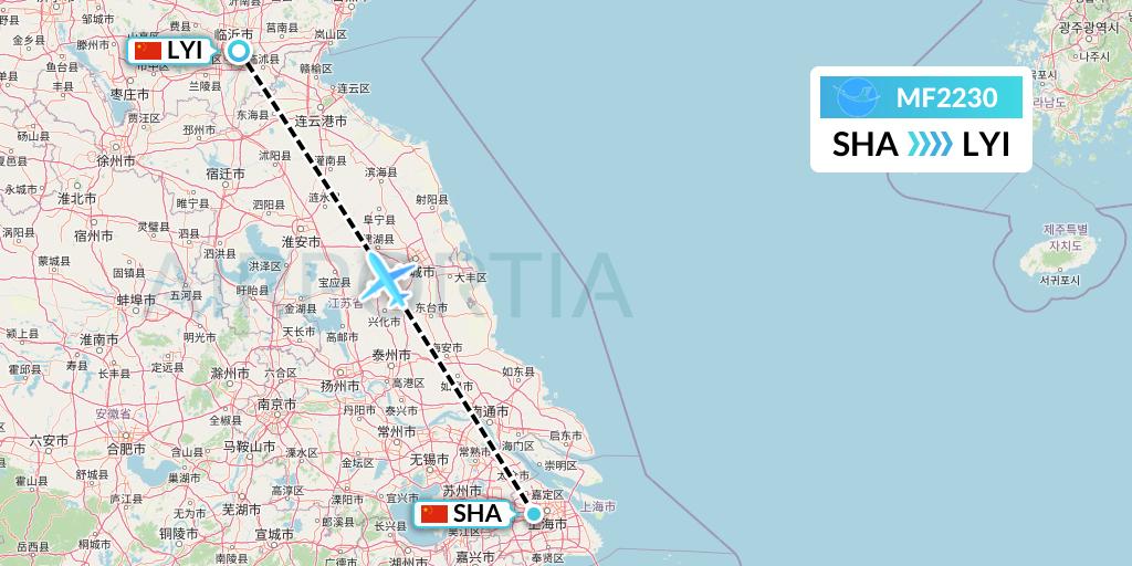 MF2230 Xiamen Airlines Flight Map: Shanghai to Linyi