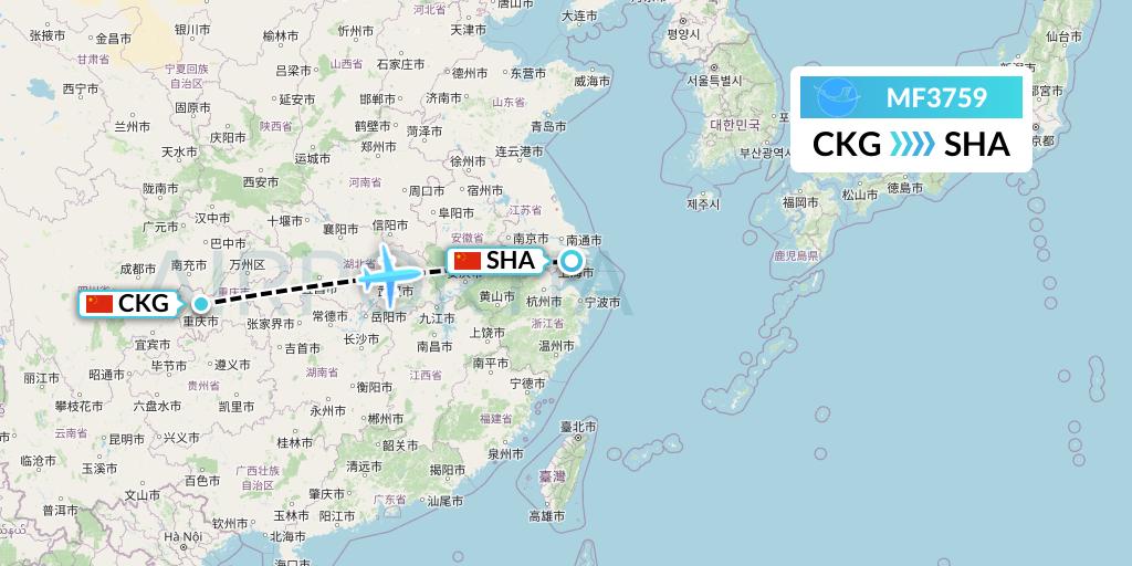 MF3759 Xiamen Airlines Flight Map: Chongqing to Shanghai
