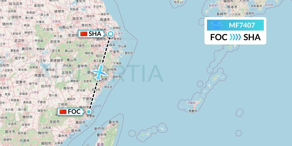 MF7407 Xiamen Airlines Flight Map: Fuzhou to Shanghai