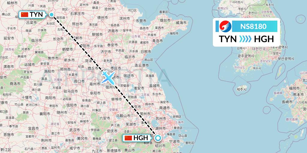 NS8180 Hebei Airlines Flight Map: Taiyuan to Hangzhou