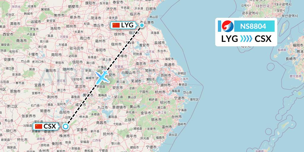 NS8804 Hebei Airlines Flight Map: Lianyungang to Changsha