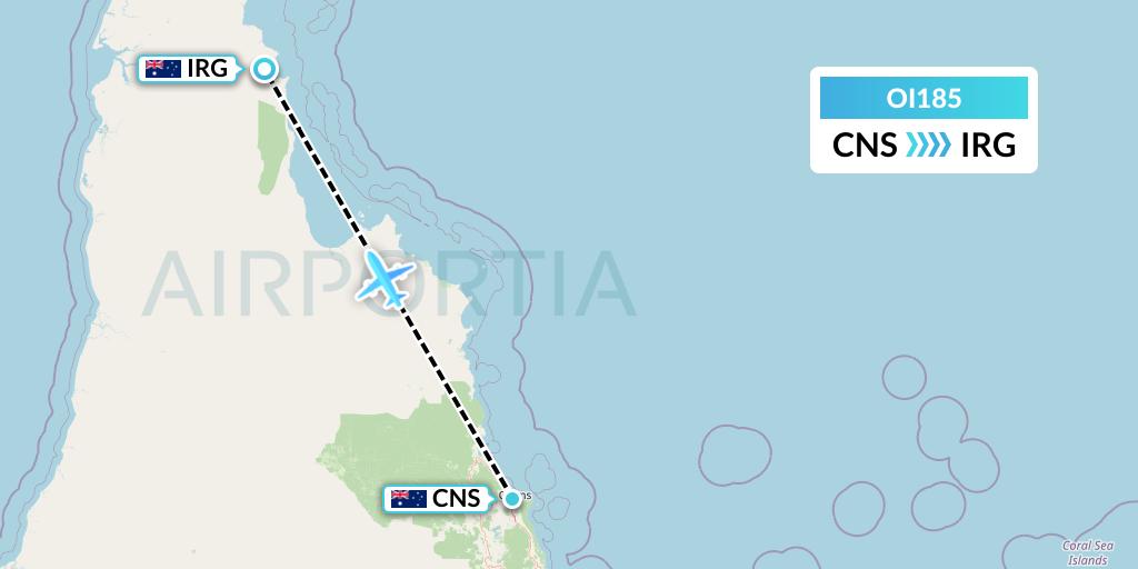 OI185 Hinterland Aviation Flight Map: Cairns to Australia