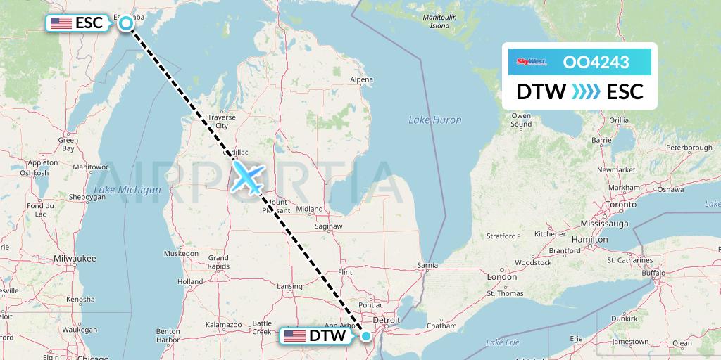 OO4243 SkyWest Airlines Flight Map: Detroit to Escanaba