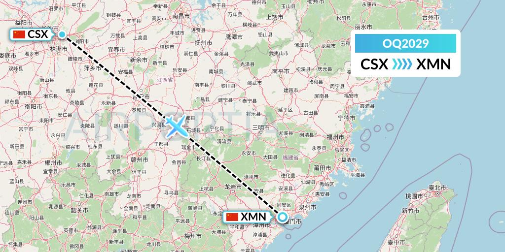 OQ2029 Chongqing Airlines Flight Map: Changsha to Xiamen