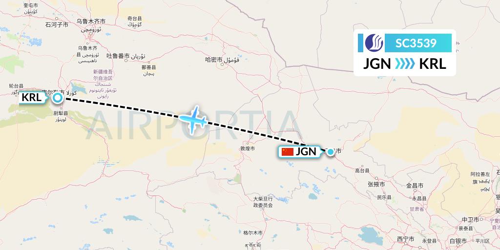 SC3539 Shandong Airlines Flight Map: Jiayuguan to Korla