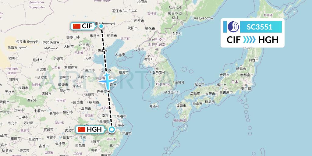 SC3551 Shandong Airlines Flight Map: Chifeng to Hangzhou