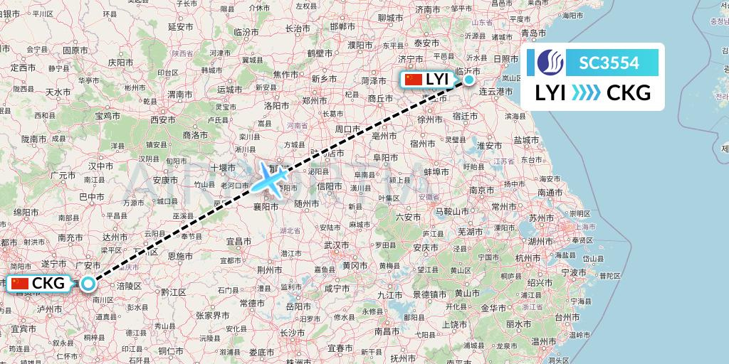 SC3554 Shandong Airlines Flight Map: Linyi to Chongqing