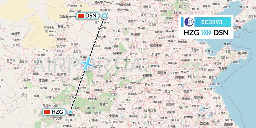 SC3593 Shandong Airlines Flight Map: Hanzhong to Dongsheng