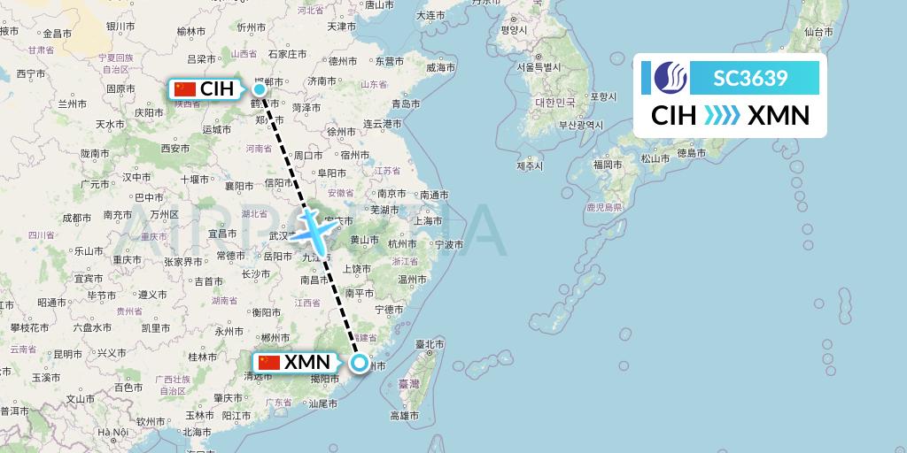 SC3639 Shandong Airlines Flight Map: Changzhi to Xiamen