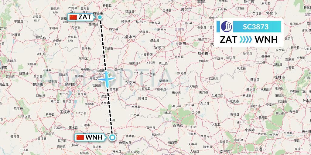 SC3873 Shandong Airlines Flight Map: Zhaotong to Wenshan