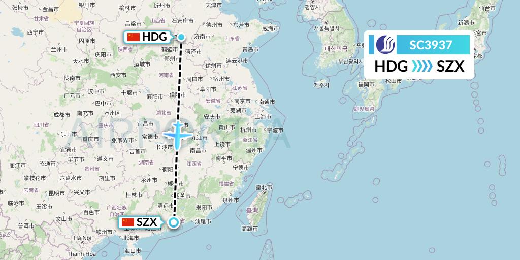 SC3937 Shandong Airlines Flight Map: Handan to Shenzhen