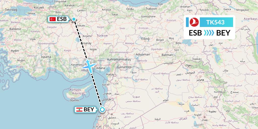 TK543 Turkish Airlines Flight Map: Ankara to Beirut