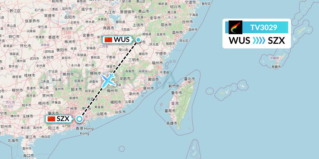 TV3029 Tibet Airlines Flight Map: Wuyishan to Shenzhen