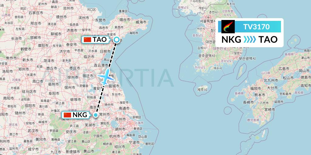 TV3170 Tibet Airlines Flight Map: Nanjing to Qingdao
