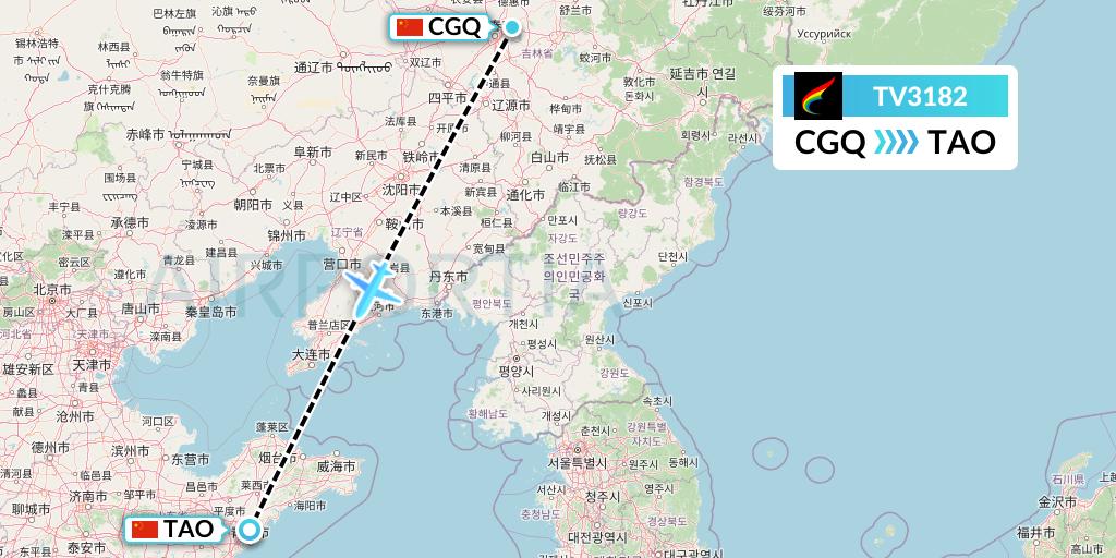 TV3182 Tibet Airlines Flight Map: Changchun to Qingdao
