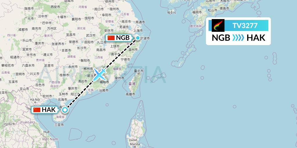 TV3277 Tibet Airlines Flight Map: Ningbo to Haikou
