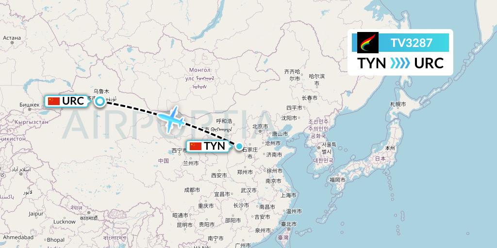 TV3287 Tibet Airlines Flight Map: Taiyuan to Urumqi