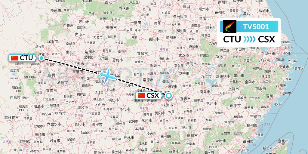 TV5001 Tibet Airlines Flight Map: Chengdu to Changsha
