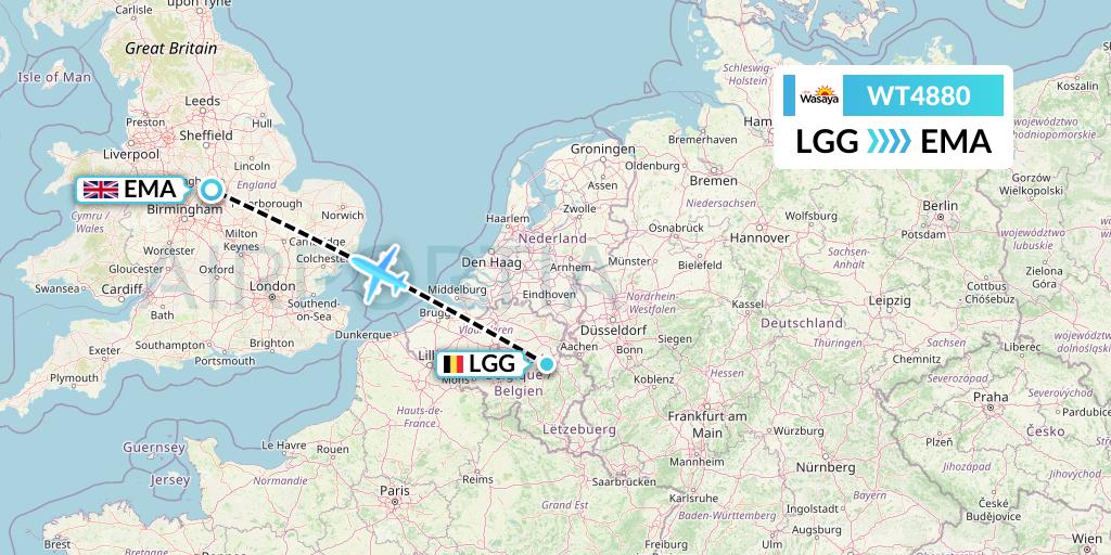 WT4880 Swiftair Flight Map: Liege to East Midlands