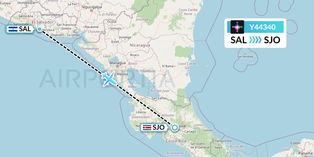 Y44340 Volaris Flight Map: San Salvador to San Jose