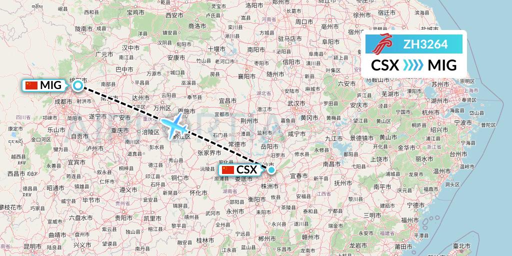 ZH3264 Shenzhen Airlines Flight Map: Changsha to Mianyang