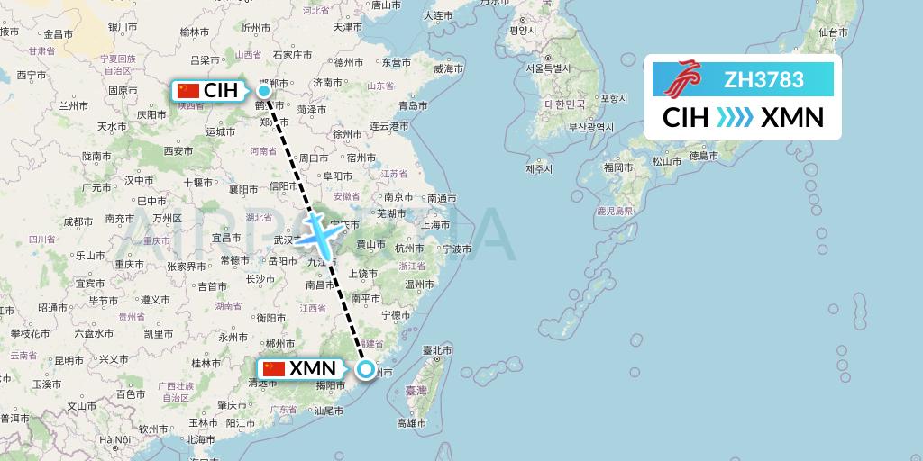 ZH3783 Shenzhen Airlines Flight Map: Changzhi to Xiamen