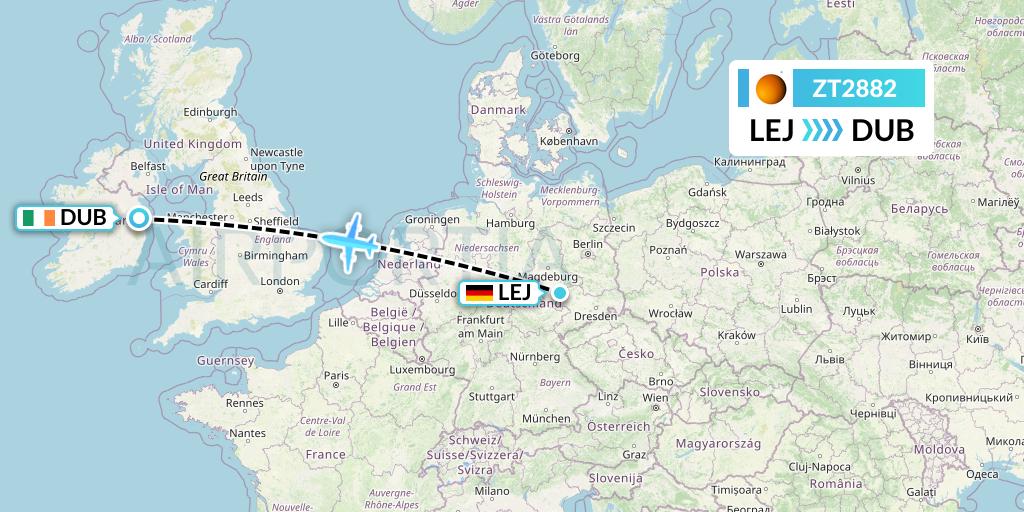 ZT2882 Titan Airways Flight Map: Leipzig to Dublin