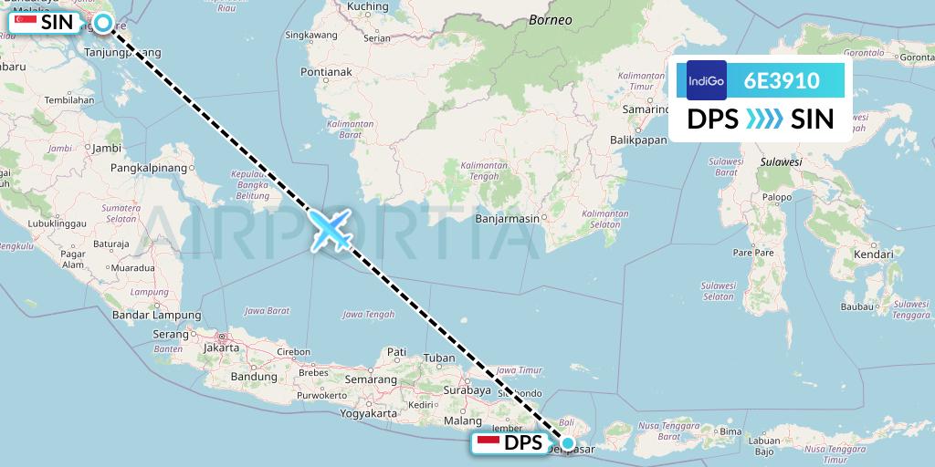 6E3910 IndiGo Airlines Flight Map: Denpasar to Singapore