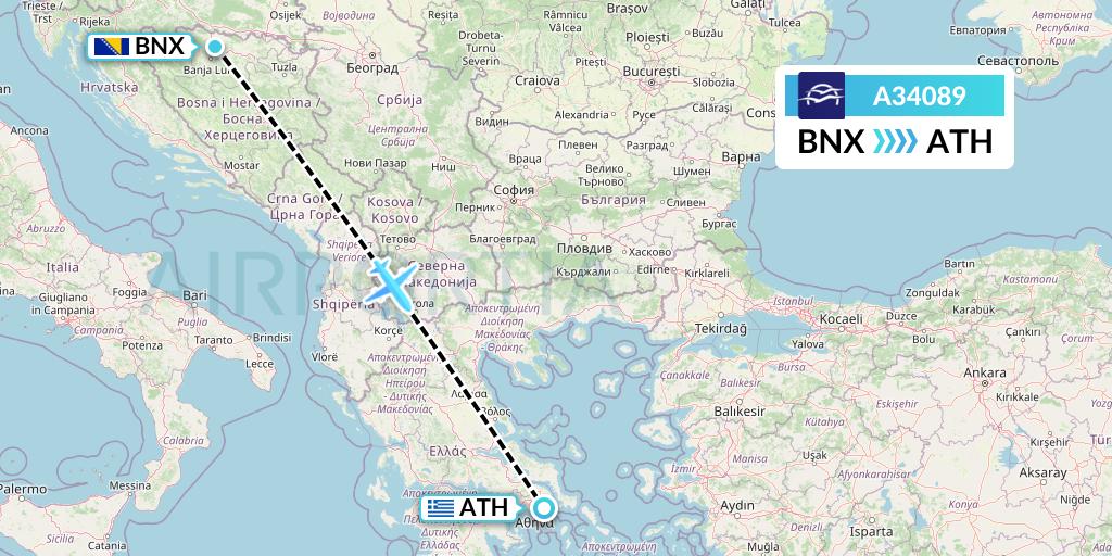 A34089 Aegean Airlines Flight Map: Banja Luka to Athens