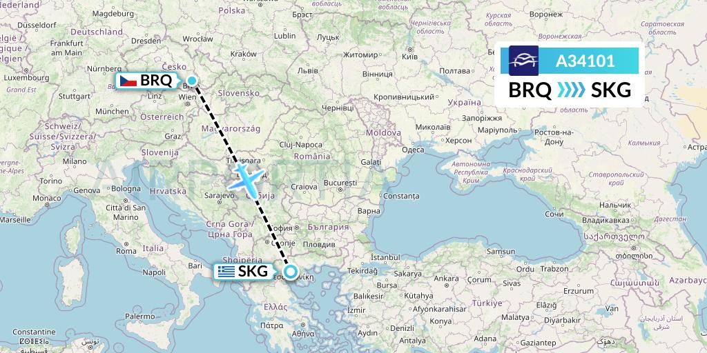 A34101 Aegean Airlines Flight Map: Brno to Thessaloniki