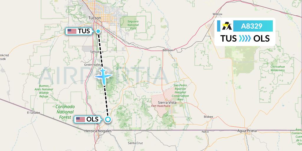 A8329 Aerolink Uganda Flight Map: Tucson to Nogales