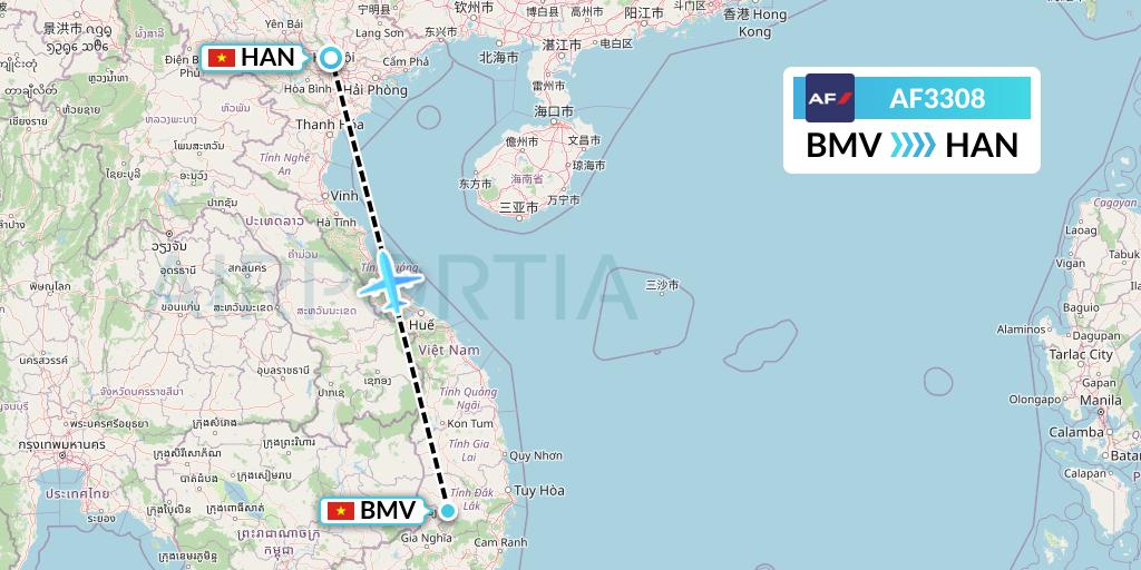 AF3308 Air France Flight Map: Buon Ma Thuot to Hanoi