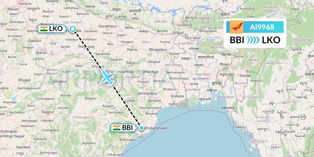 AI9968 Air India Flight Map: Bhubaneswar to Lucknow