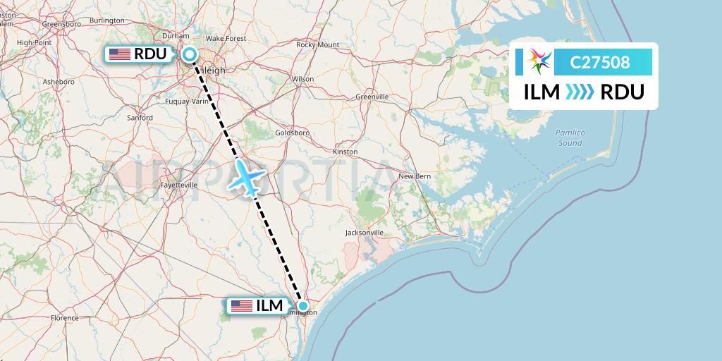 C27508 Ceiba Intercontinental Flight Map: Wilmington to Raleigh-Durham