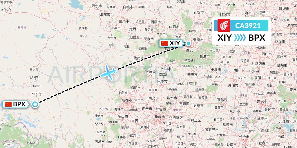 CA3921 Air China Flight Map: Xi'an to Bangda
