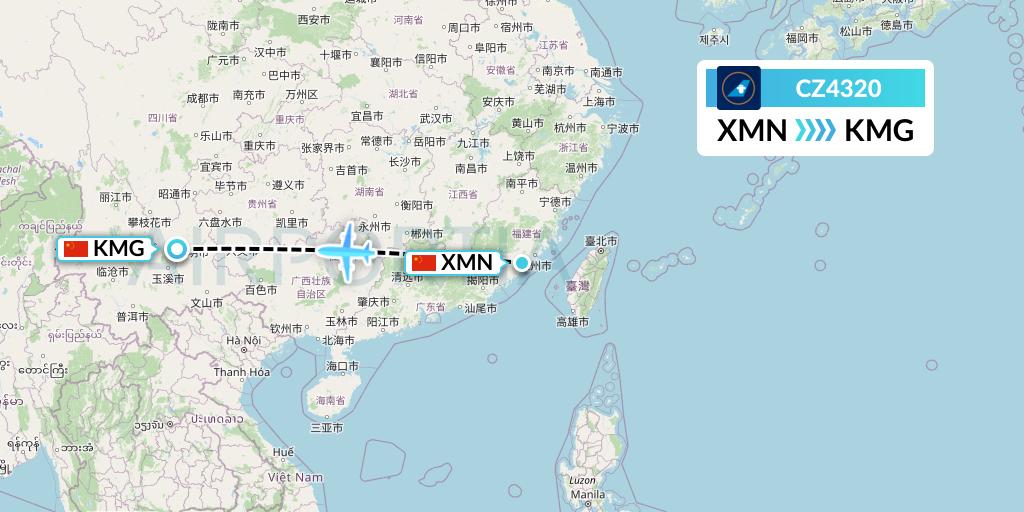 CZ4320 China Southern Airlines Flight Map: Xiamen to Kunming