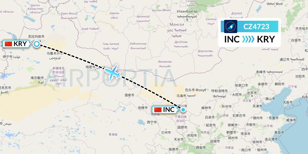 CZ4723 China Southern Airlines Flight Map: Yinchuan to Karamay